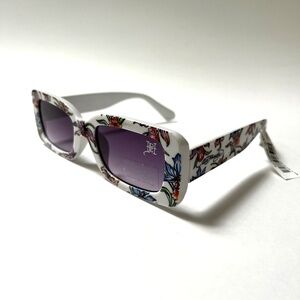 New Original ED HARDY Sunglasses Slim Rectangle Floral Illustrations Acetate WHT